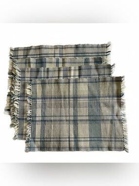 Four Plaid Woven Placemat Set - Blue, White & Green 14 x 20